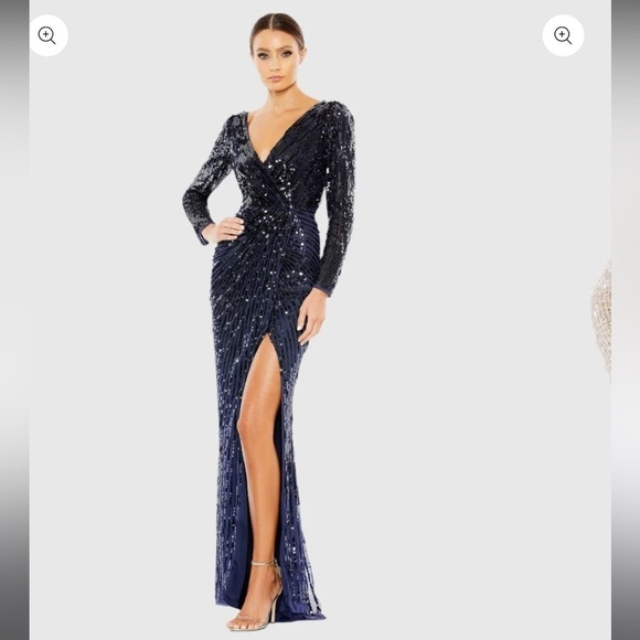 Mac Duggal 93660 Sequined Faux Wrap Long Sleeve Gown - Picture 1 of 12